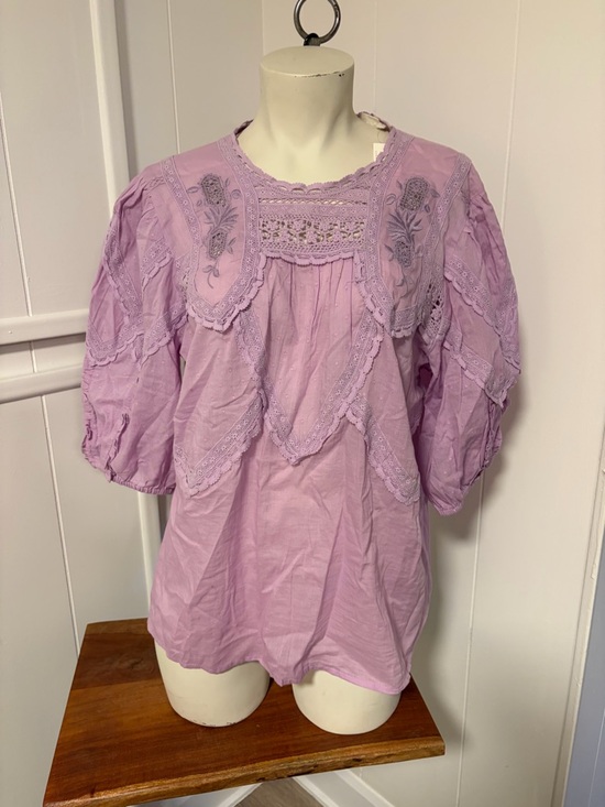 Anthropologie Tops - Anthropologie Lavender Lace-Trim Peasant Blouse